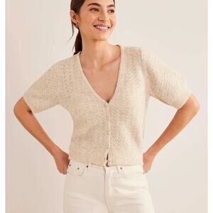 Boden Wool Mohair Pointelle Knit Cropped Short Sleeved Cardigan, Oatmeal, Large